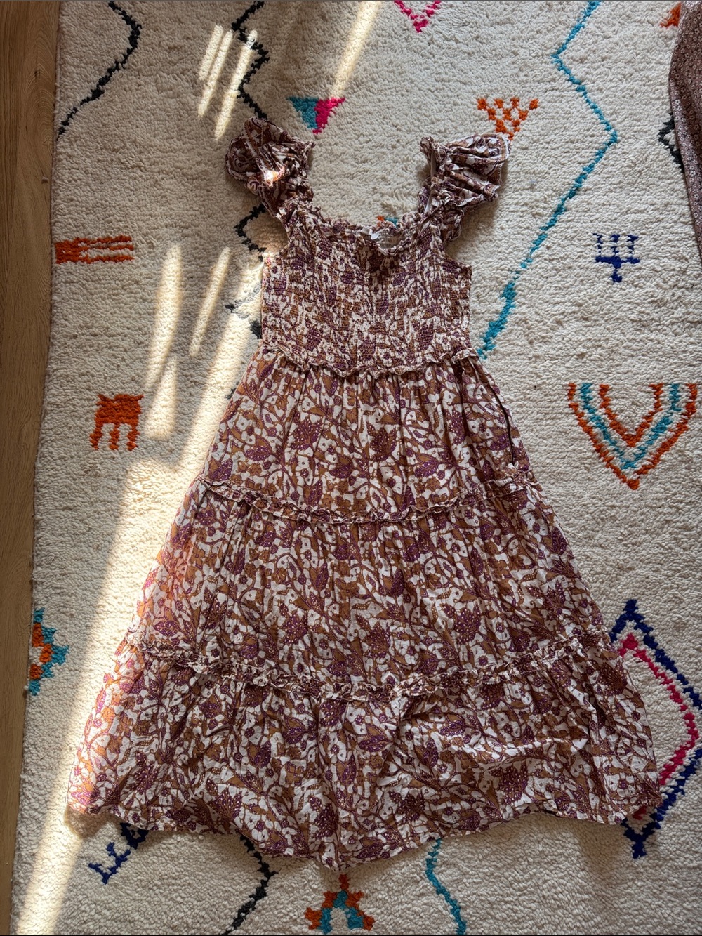 Smocked Floral Midi Dress in Brown and Cream